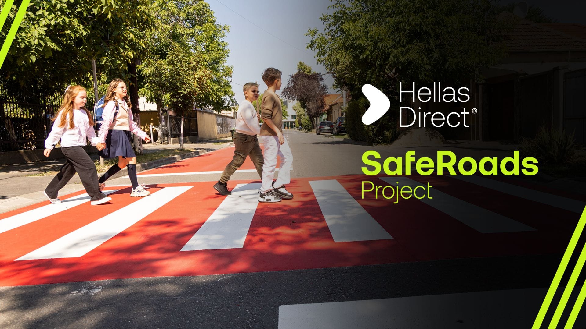 children crossing a crosswalk in daylight, wo boys two girls