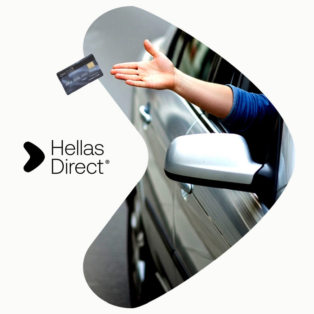 Picture in the form of a boomerang, a hand coming out of a car window throws away a credit card. Logo Hellas Direct