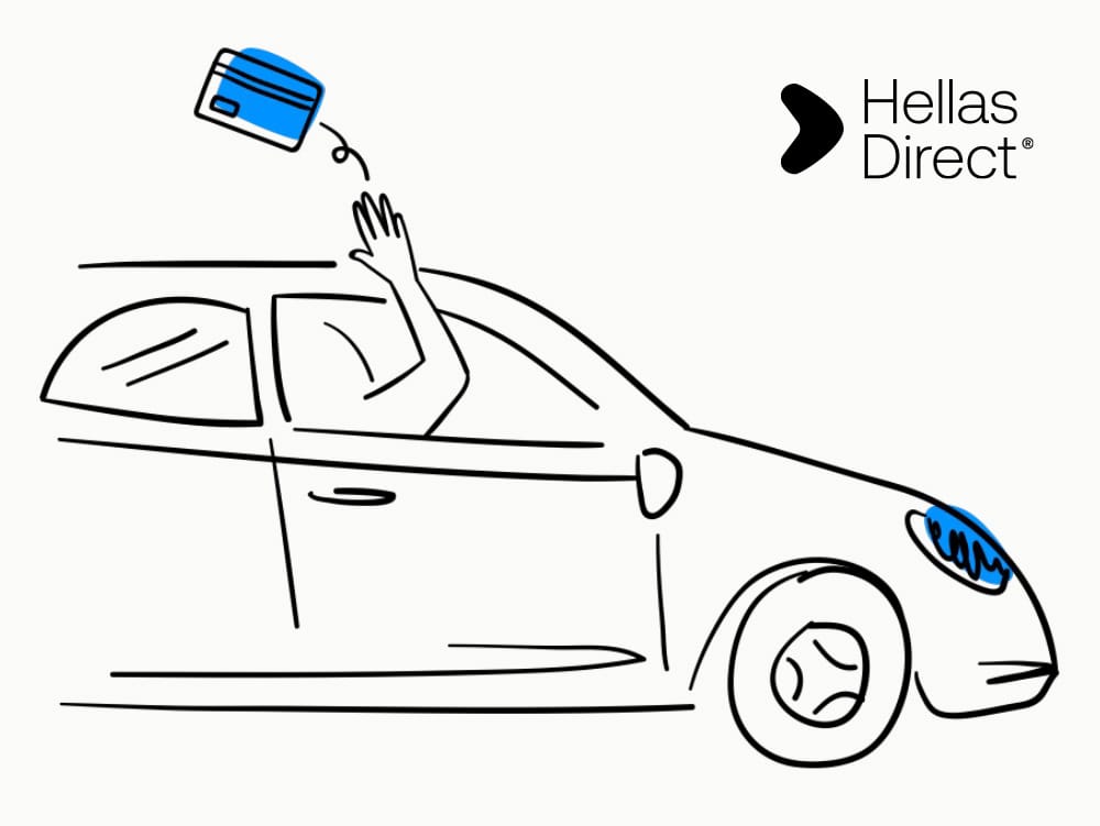 Illustration of a car and a hand coming out of a the window throwing away a credit card. Hellas Direct logo 