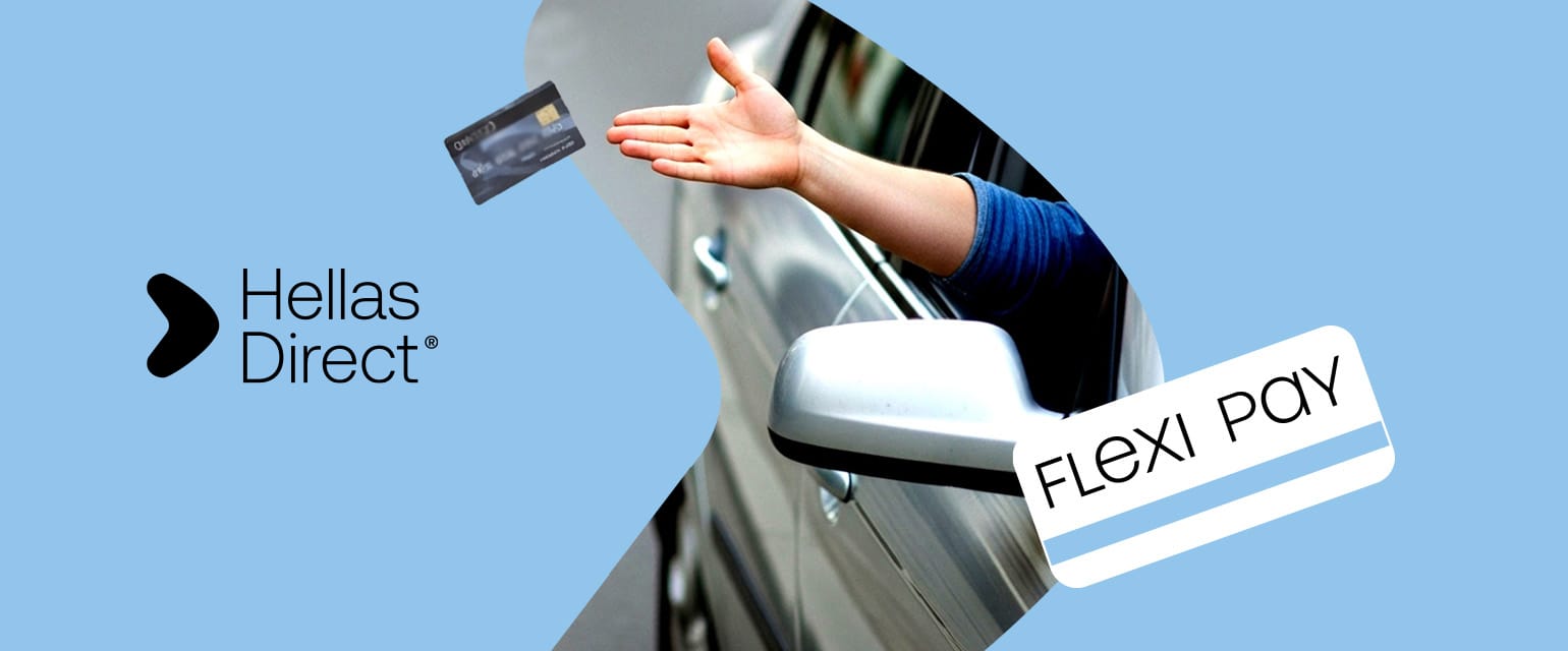 a hand coming out of a car window throws away a credit card. Blue background and two logos, Hellas Direct and FlexiPay