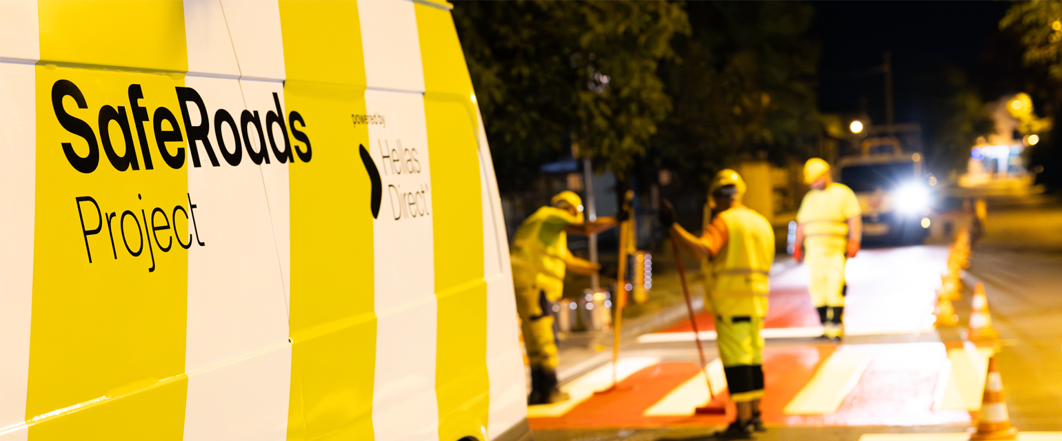 night on the road, Safe Roads project van and crew painting a crosswalk